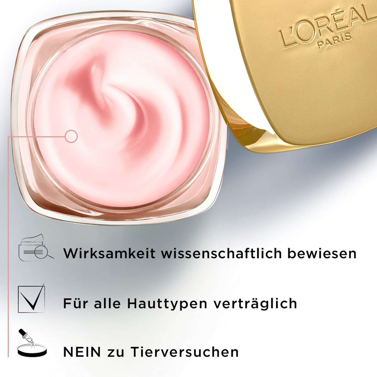 Golden Age Rosé-Creme Tag geoeffneter Tiegel daneben liegt der Deckel